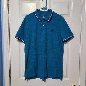 American Eagle Mens Size L Blue Pinstripe Flex Stretch Short Sleeve Polo Shirt